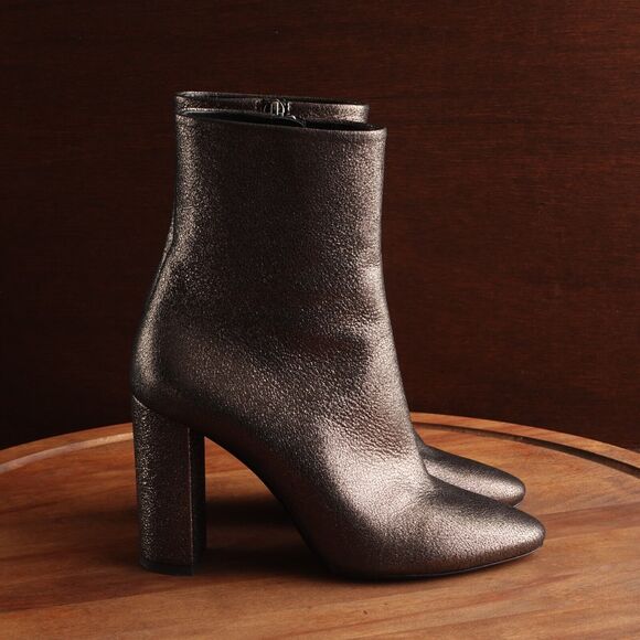 Saint Laurant Lou Ankle Boots Womens SZ EU 37 US 7 Gray Gun Metallic Zip Heeled - Picture 1 of 16